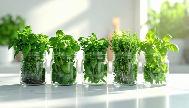 Line of fresh herbs in glass jars on a kitchen counter, showcasing vibrant greenery and culinary potential