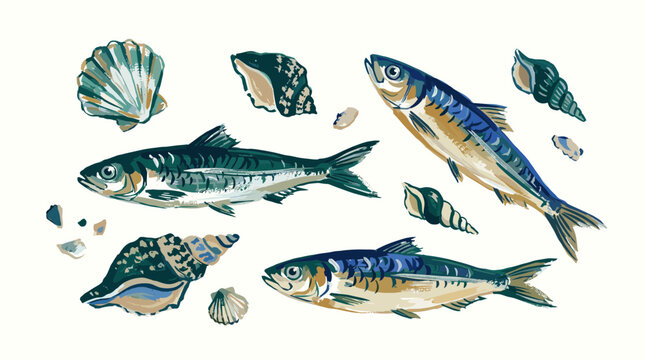 Watercolor illustration of fresh fish and seashells on a plain background, perfect for culinary or marine themes