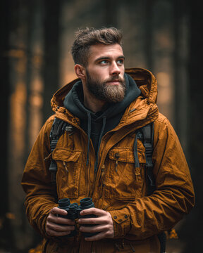 A bearded man in a brown jacket stands in a forest, holding binoculars, looking thoughtfully into the distance.