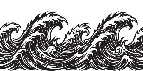 Fototapeta premium Black and White Ocean Wave Illustration