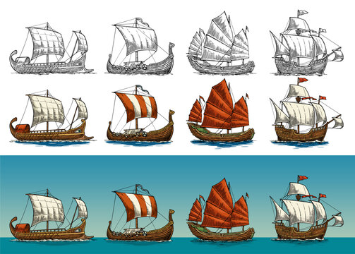 Trireme, caravel, drakkar, junk. Set historical wooden sailing ships floating on the sea waves. Hand drawn design element. Vintage vector color engraving illustration for poster, postmark.