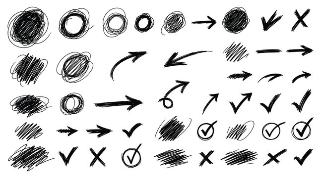 Black hand drawn scribble doodle set with arrows circles check marks in this vector illustration for design
