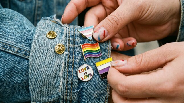 LGBTQ+ Pride Support: Close Up of Enamel Pride Flags on a Denim Jacket