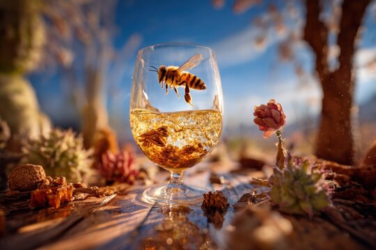 Bee flying near glass of honey on wooden table with natural sunlight, flowers and outdoor background for nature, pollination and sweet food concept.