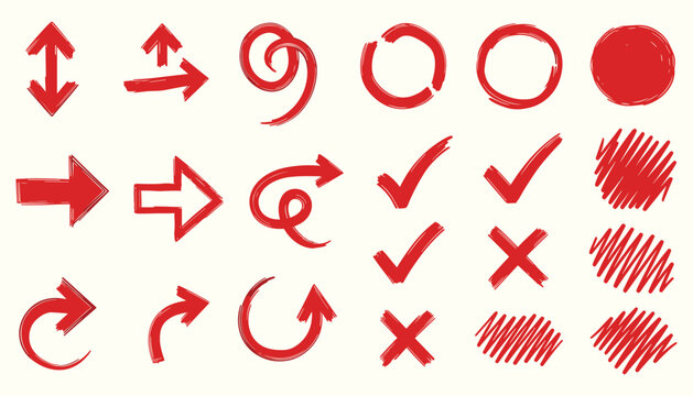 Red thick brush arrows and highlight circles for attention grabbing vector illustration on white