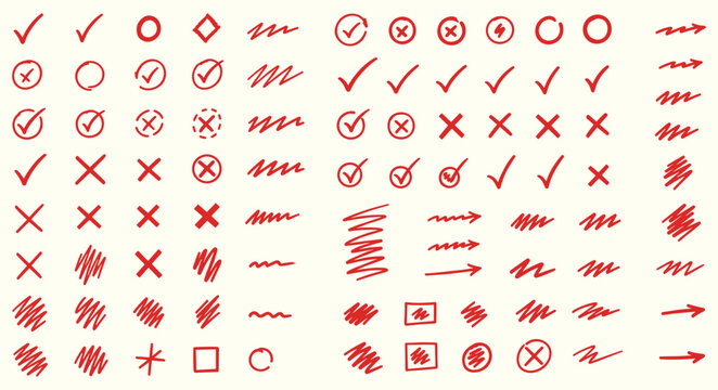Red marker doodle check marks and scribble lines set vector illustration for highlighting text on white