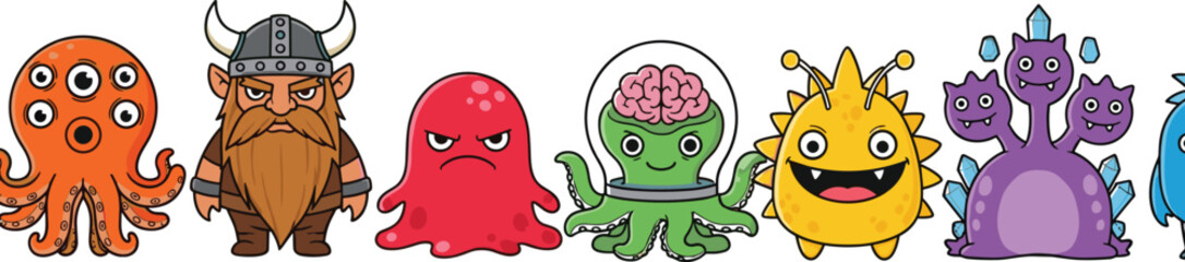 Cartoon monster characters set with octopus, viking, alien creatures, and fantasy mascots illustrating playful design, kids illustrations, and colorful vector collection © jafrine