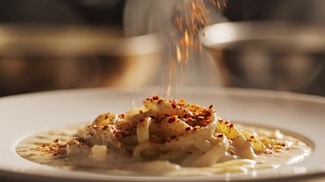 Hand Seasoning Steaming Pasta in Kitchen