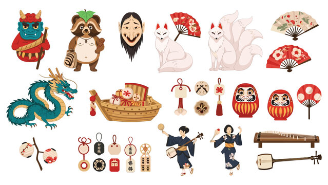 Japanese folklore icons oni tanuki kitsune daruma fans shamisen koto charms traditional vector illustration