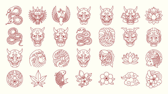 Japanese traditional tattoo icons set with hannya mask dragon snake koi fish and floral vector illustration
