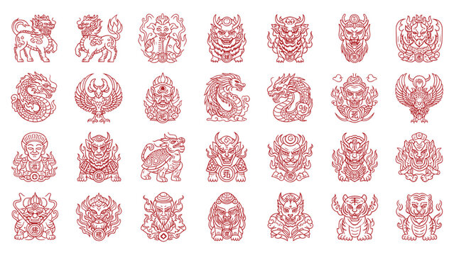 Oriental mythological creatures set featuring chinese dragons phoenix and folklore deities vector illustration