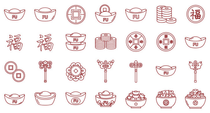 Prosperity icons red line art coins ingots fu character vector illustration set