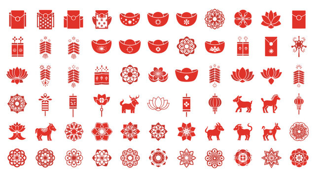 Prosperity symbols red envelopes ingots fu charms vector illustration set