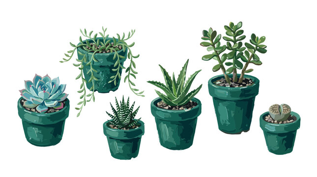 Collection of various potted succulent plants in green pots, isolated on a white background, showcasing diverse textures and shapes for home decor and gardening concepts