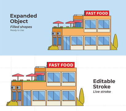 Flat Vector Illustration of Modern Restaurant, Diner, Cafe, and Fast Food Building Facade with Editable Stroke