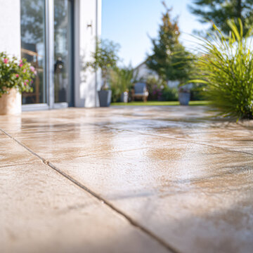 Sunlit patio tiles with water droplets, surrounded by potted plants and a garden, outside a modern house.