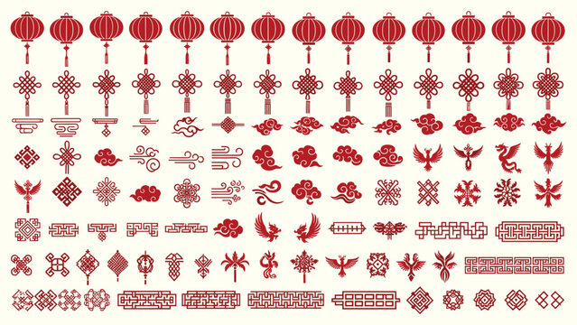 Chinese motifs red lantern knot dragon phoenix vector illustration set