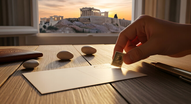 A hand places a postage stamp on an envelope on a wooden desk with the Acropolis of Athens visible through a window at sunset.