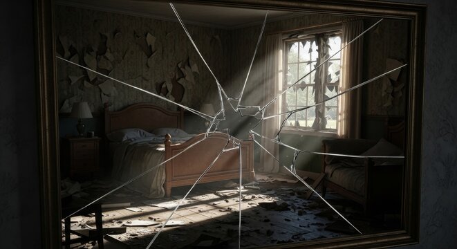 Broken mirror reflecting a desolate room with sunlight