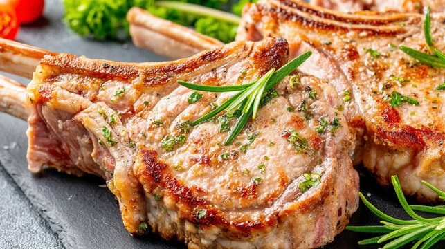 Close-up of two grilled pork chops with rosemary and spices bone in grill marks food photogra