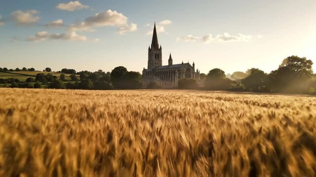 Scenic aerial view of Salisbury Cathedral with golden wheat field at sunrise, English countryside landscape