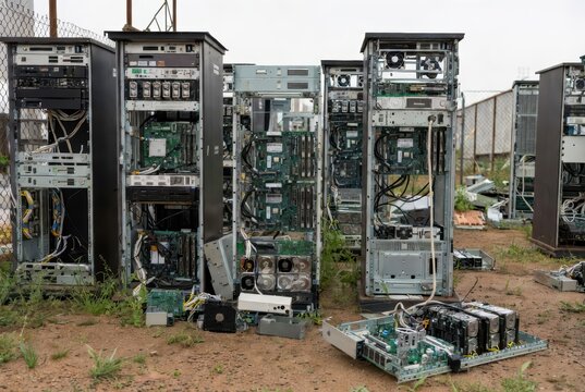 Discarded server racks and computer hardware lie abandoned in a dusty outdoor lot.