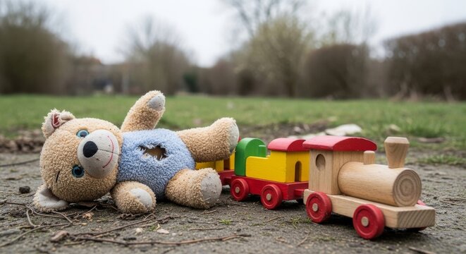 Abandoned Teddy Bear and Wooden Train on Ground