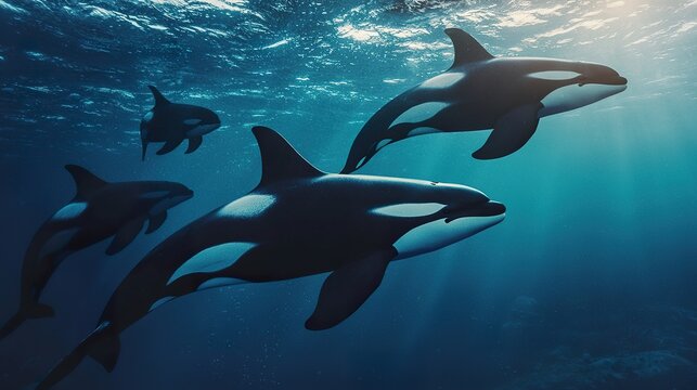 Pod of orcas swimming in cold, dark ocean water, powerful, sleek