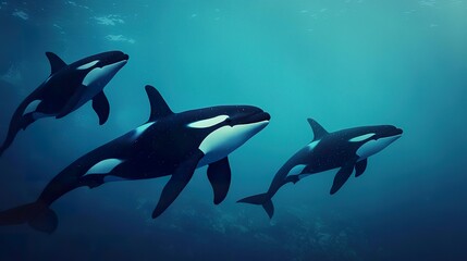 Obraz premium Pod of orcas swimming in cold, dark ocean water, powerful, sleek