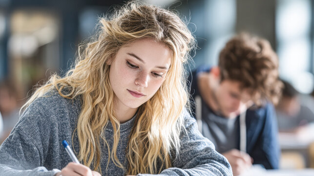 A young woman focuses on writing during an exam in a classroom setting, with other students working in the background.