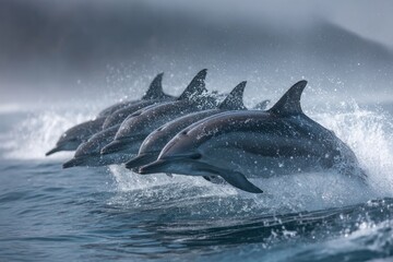Fototapeta premium Dolphins gracefully leap in synchronized harmony