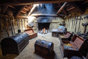 Naklejka premium Viking longhouse interior with treasure chests, weapons, and a roaring fireplace