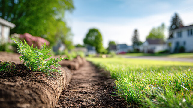Freshly planted saplings line a garden bed in a suburban neighborhood on a bright, sunny day, with green grass and houses in the background.