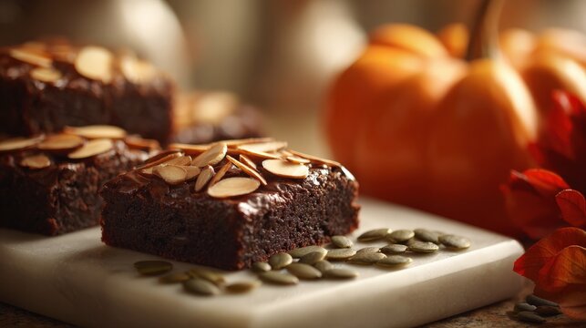 Chocolate brownies topped with sliced almonds are served on a marble board next to a pumpkin.