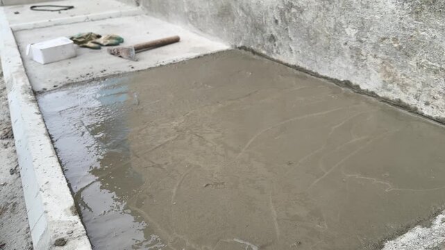 Fresh wet concrete patch on floor near wall during home repair closeup