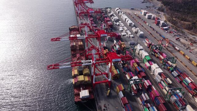 Aerial View Halifax Shipping Port Nova Scotia Canada Container Terminals Cranes And Cargo Ships Active Logistics Global Trade Supply Chain Maritime Industry 4K