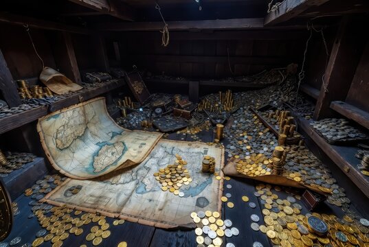 Pirate's treasure chest overflowing with gold coins, ancient maps, and navigational tools