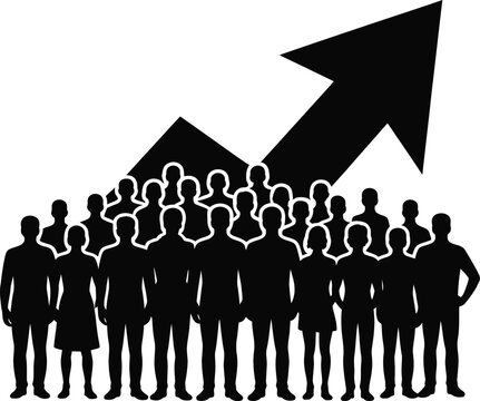 Black silhouette of a large crowd of people standing in front of a rising arrow graph, symbolizing growth, success, teamwork, and positive trends in a group setting on a white background