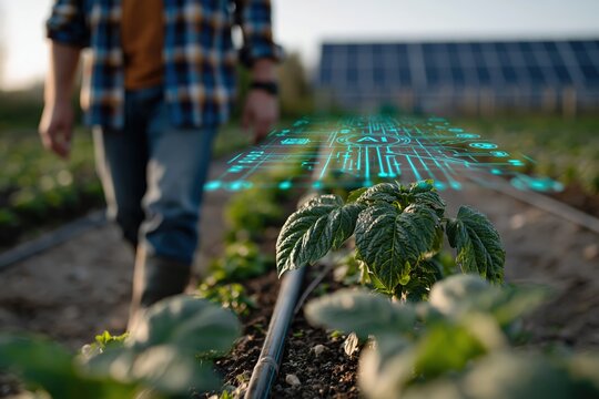 Agronomist Monitoring AI Farming Interface in Precision Irrigated Crop Field