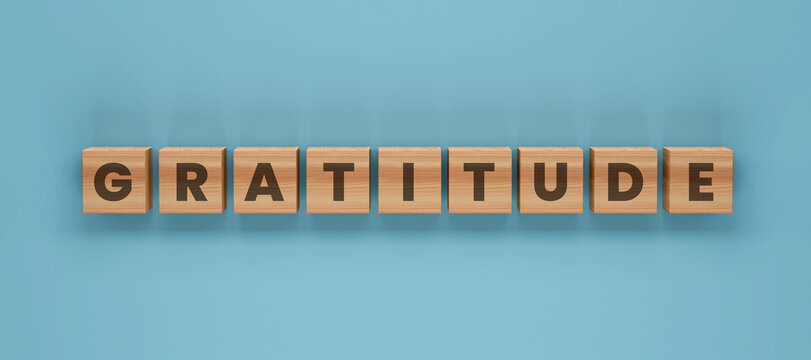 Gratitude Cubes: The word Gratitude is spelled out with wooden blocks, set against a calming blue backdrop, inspiring feelings of thankfulness and appreciation.