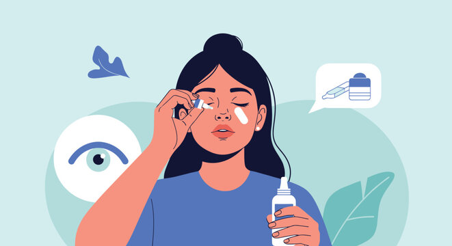 Woman applying medicated eye drops for treatment of redness or allergy with medicine bottle and eye icons in the background.