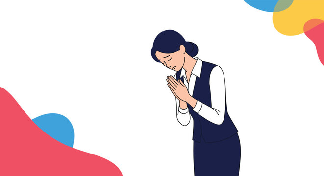 Respectful businesswoman in uniform bowing with her hands together in a polite greeting or prayer gesture on a white background.