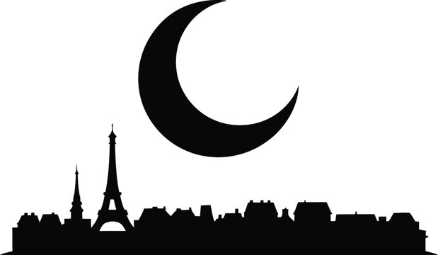 Black silhouette of the paris skyline featuring the eiffel tower and other buildings under a large crescent moon, evoking a nighttime city scene and romance, on a white background.keywords: paris