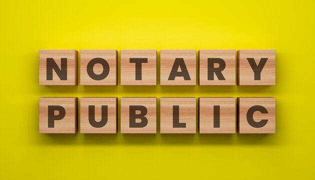 Notary Public Block: The words NOTARY PUBLIC are meticulously arranged on wooden blocks against a vibrant yellow background, forming a clear and concise message.