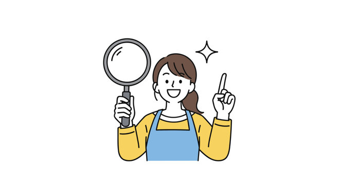 Smiling woman wearing a yellow sweater and blue apron holds a magnifying glass and points up to indicate a discovery or helpful tip.