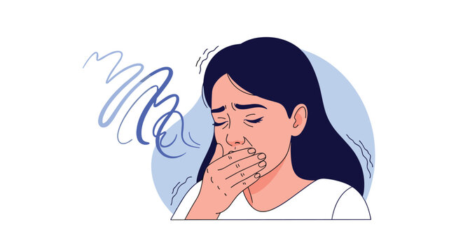 Sick woman looks nauseous as she covers her mouth and shivers while suffering from an upset stomach or symptoms of a viral infection.