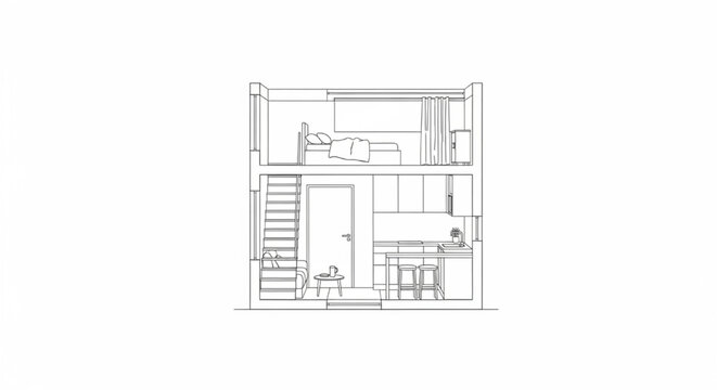 Compact Loft Studio Apartment Section Drawing with Mezzanine Bed and Open Kitchen Interior Layout CAD