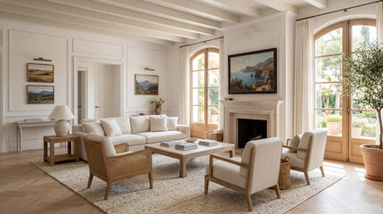 Fototapeta premium Modern classic living room with fireplace and elegant furniture