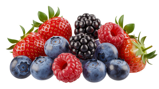 Fresh assorted organic berries featuring ripe strawberries blueberries blackberries and sweet raspberries displayed as a colorful mixed fruit collection on transparent background