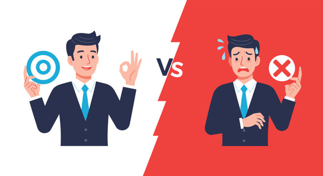 Comparison of a successful confident businessman versus a stressed failed businessman with okay and cross symbols for evaluation.